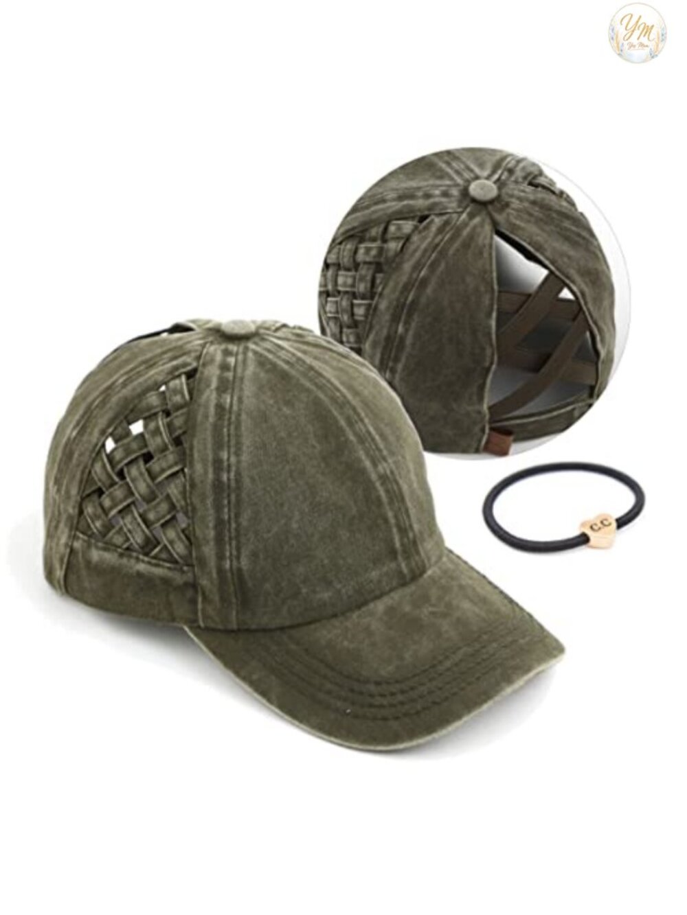 Washed Cotton Denim Ponytail Baseball Cap Criss-Cross Basket Weave